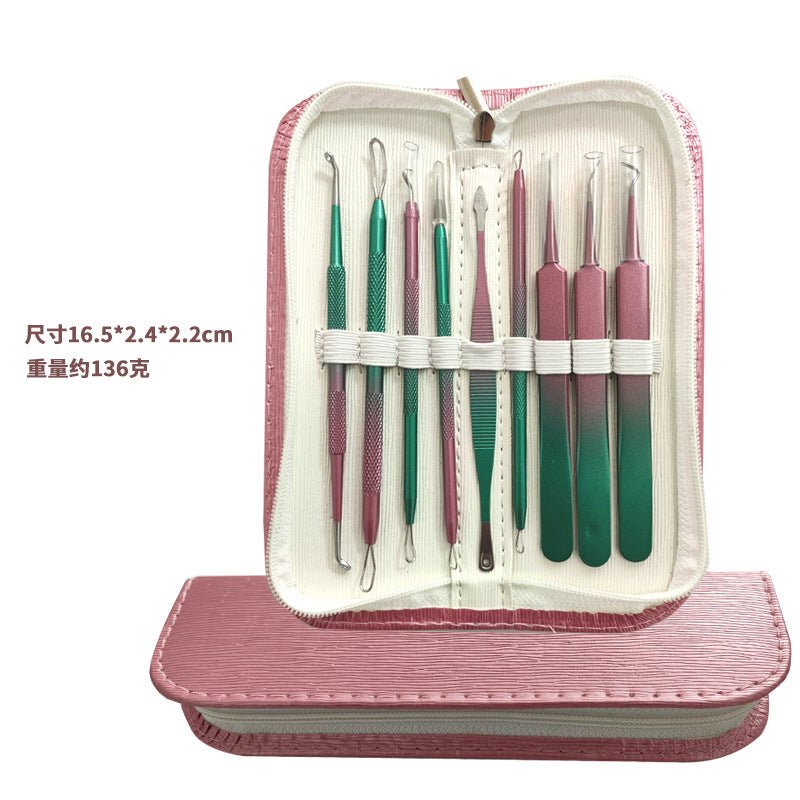 Stainless steel acne extractor tool set - includes tweezers, needles, and blackhead remover
