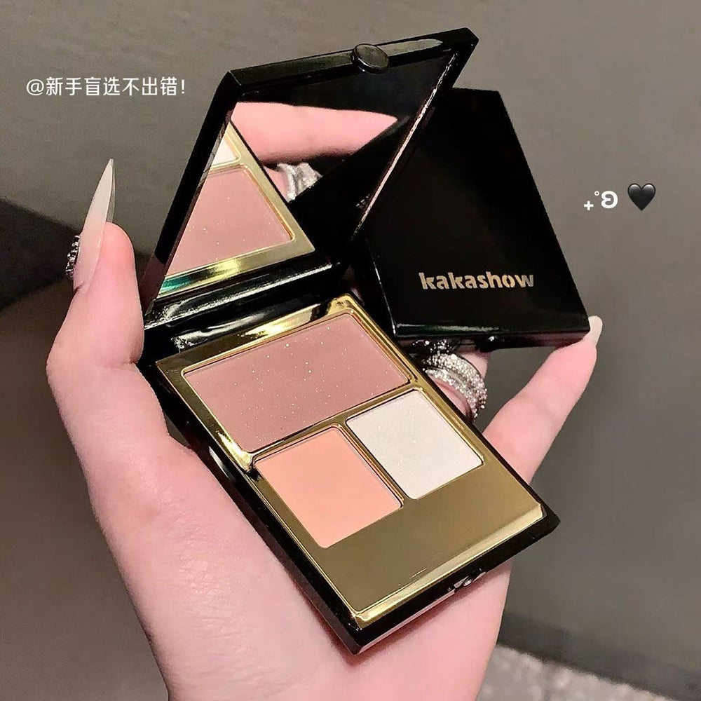 Kakashow aurora shimmer tri-color eyeshadow palette - matte, shimmer, and fine glitter - everyday versatile earth tones