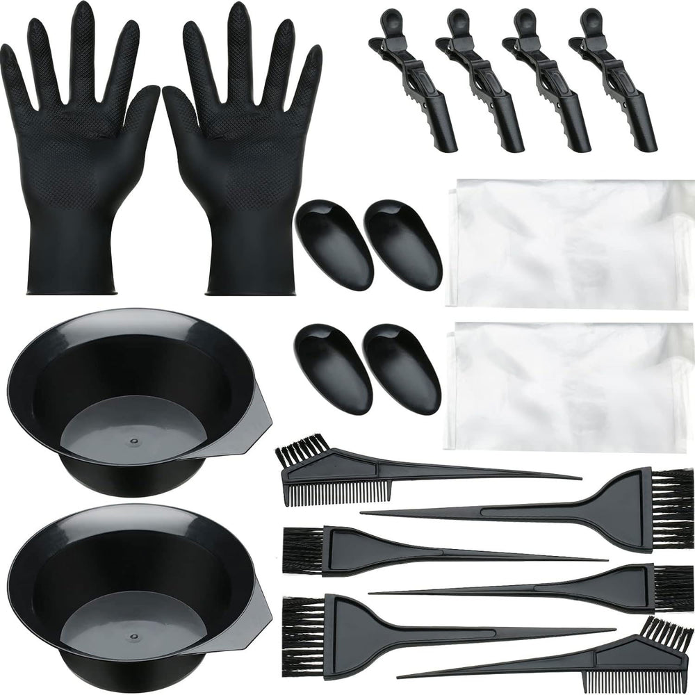 22-piece hair dye kit: includes hairdressing comb, brush, disposable shower cap, latex gloves, dye bowl, and styling tools for perming and coloring
