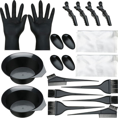 22-piece hair dye kit: includes hairdressing comb, brush, disposable shower cap, latex gloves, dye bowl, and styling tools for perming and coloring