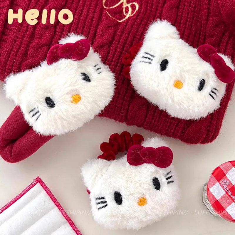 Cute plush kitty hair clip angora red bow hair tie bangs clip cartoon bb clip hair accessories for women