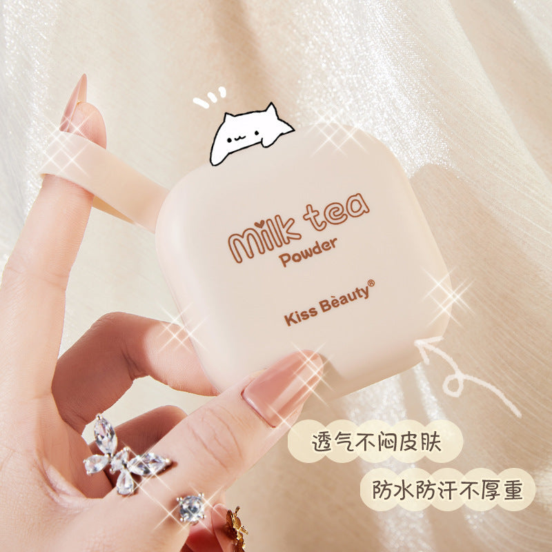 Kiss beauty milk tea soft powder cake, delicate and compliant, invisible pores, concealer, oil control, waterproof, makeup setting powder