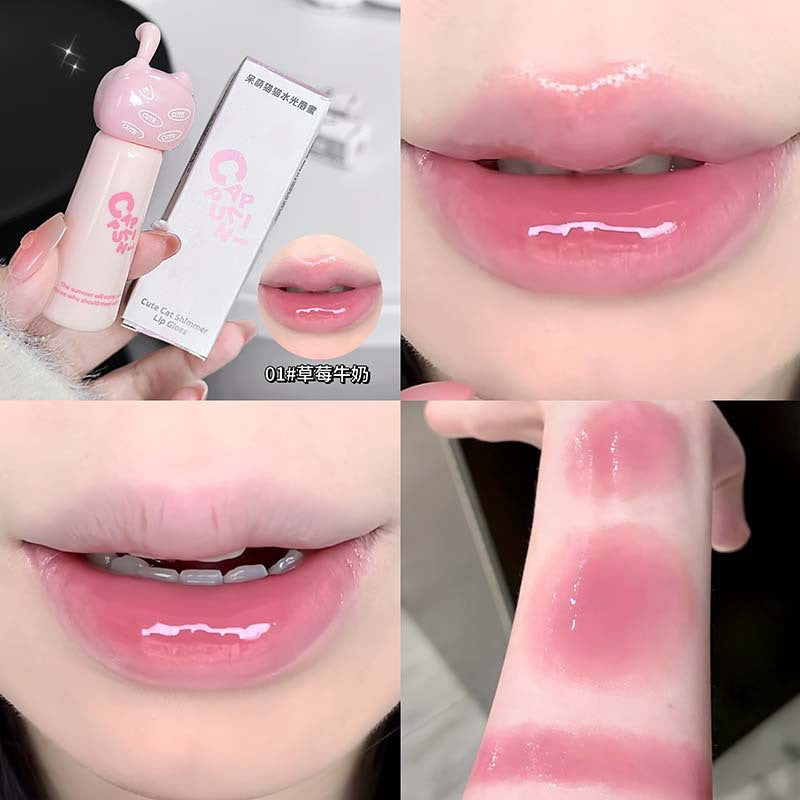 Kapuweini cute cat water gloss lip gloss for women, moisturizing mirror, non-stick cup, pseudo-no makeup whitening lip glaze
