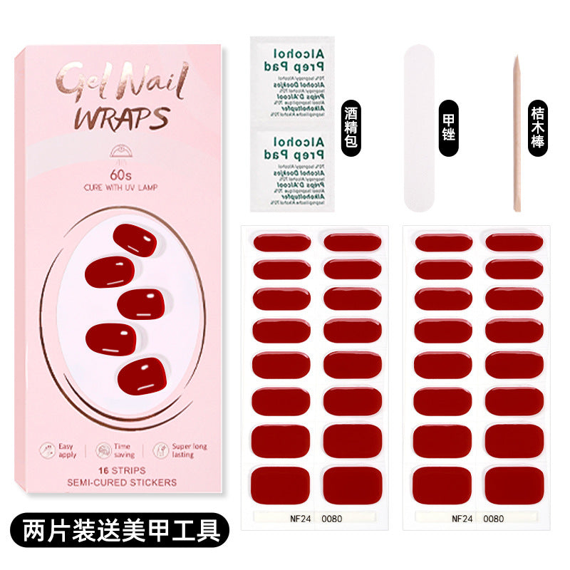 Zhengxiang custom gel nail stickers solid color 32 fingers two-piece set korean uv light semi-cured nail stickers waterproof