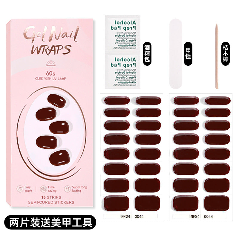 Zhengxiang custom gel nail stickers solid color 32 fingers two-piece set korean uv light semi-cured nail stickers waterproof