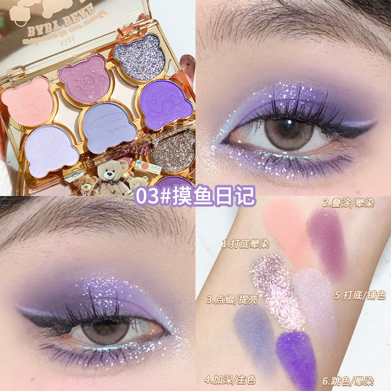 Makeup xixi working bear six-color eyeshadow palette cool diamond pink purple blue contrast color imitation makeup smoky eye makeup