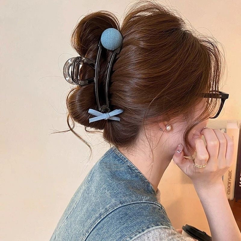 Bow round bead paper clip clip for women 2025 new high-end shark clip large hair clip back of head hair accessories