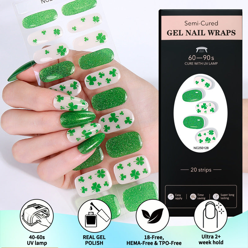 Zhengxiang custom gel nail stickers waterproof st. patrick's day cross-border fashionuv semi-cured nail stickers gel