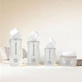 Customized cosmetic glass bottle set packaging, including 120ml glass bottles for toner, lotion, and serum, and 50g jars for creams and lotions
