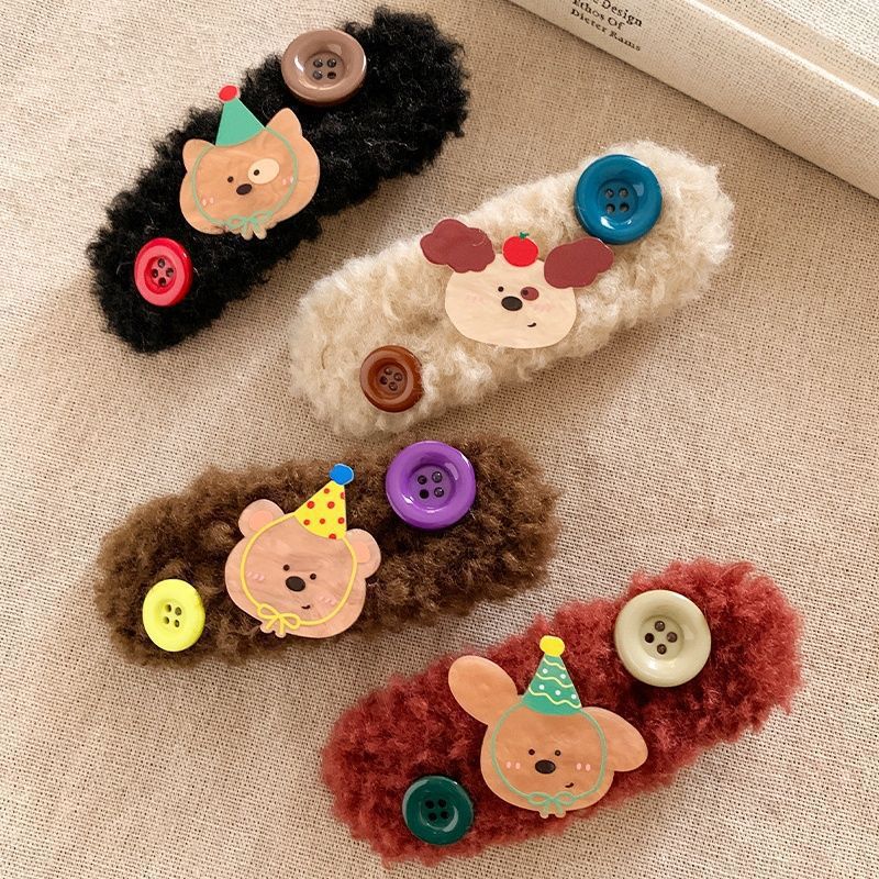Cute plush button brown bear hair clip - girly heart bangs side clip - cartoon snap hair clip - hair accessories