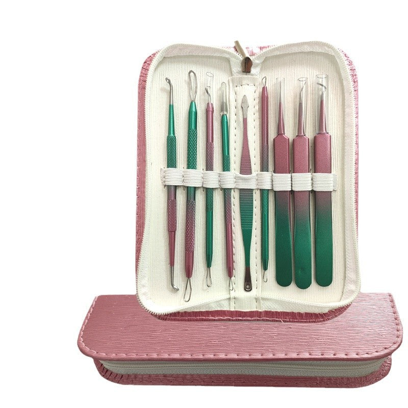 Stainless steel acne extractor tool set - includes tweezers, needles, and blackhead remover