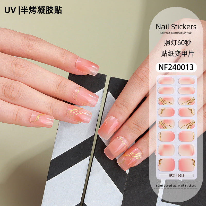 Zhengxiang custom gel nail art stickers french bronzing uv phototherapy semi-cured nail stickers ice transparent nail art stickers wholesale