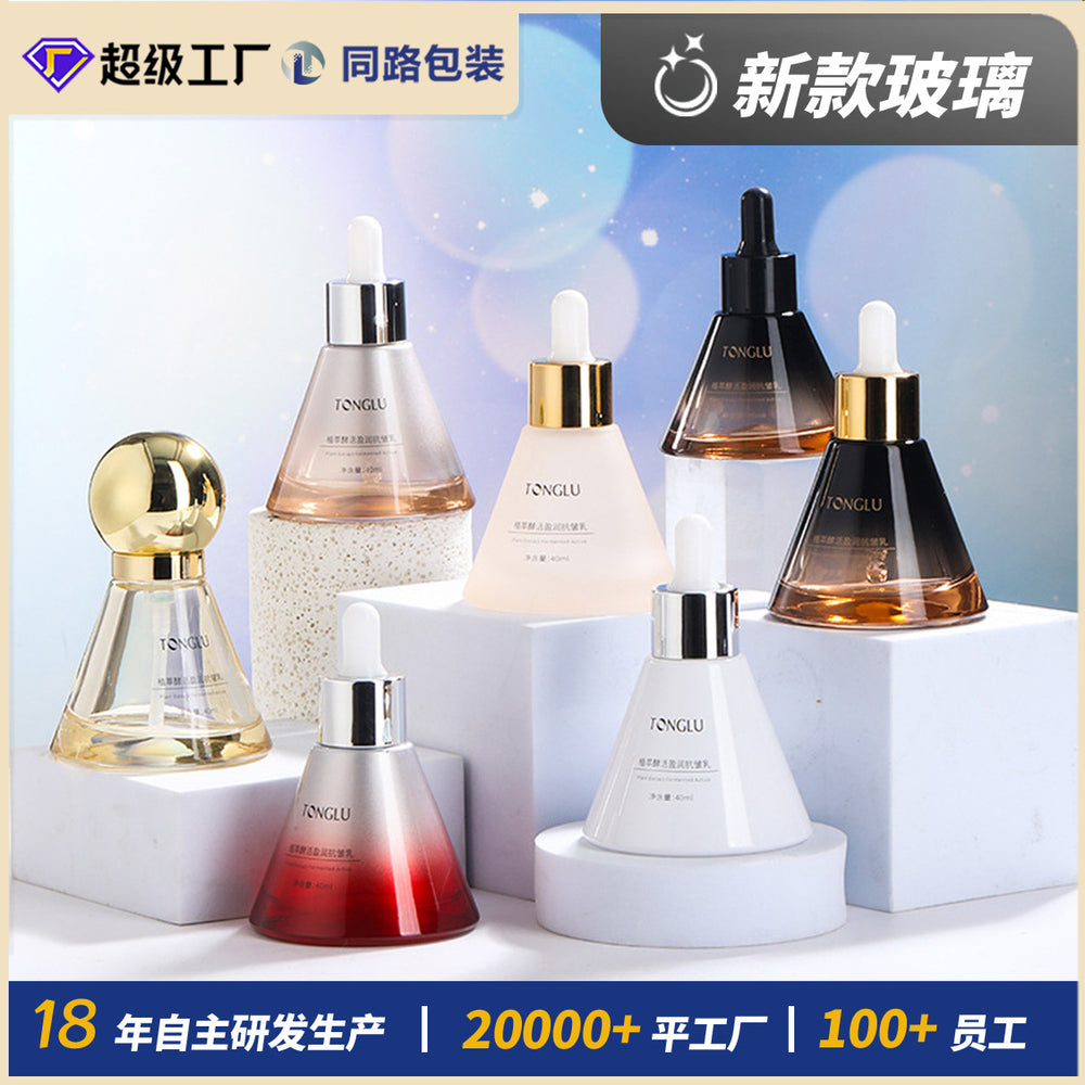 New arrival cosmetic glass bottle 40ml conical dropper bottle essential oil bottle press tip thick bottom essence refill bottle