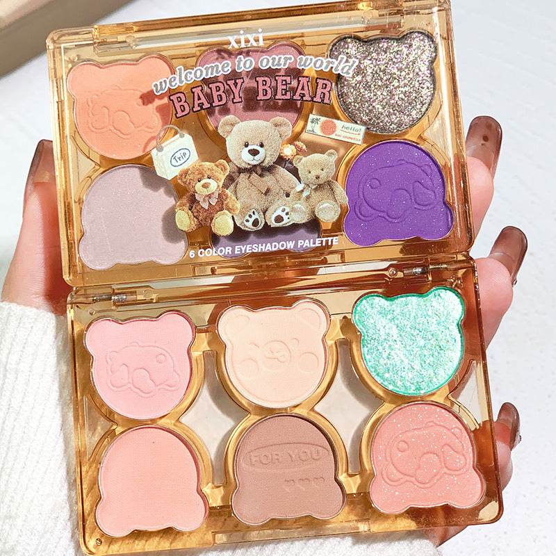 Makeup xixi working bear six-color eyeshadow palette cool diamond pink purple blue contrast color imitation makeup smoky eye makeup