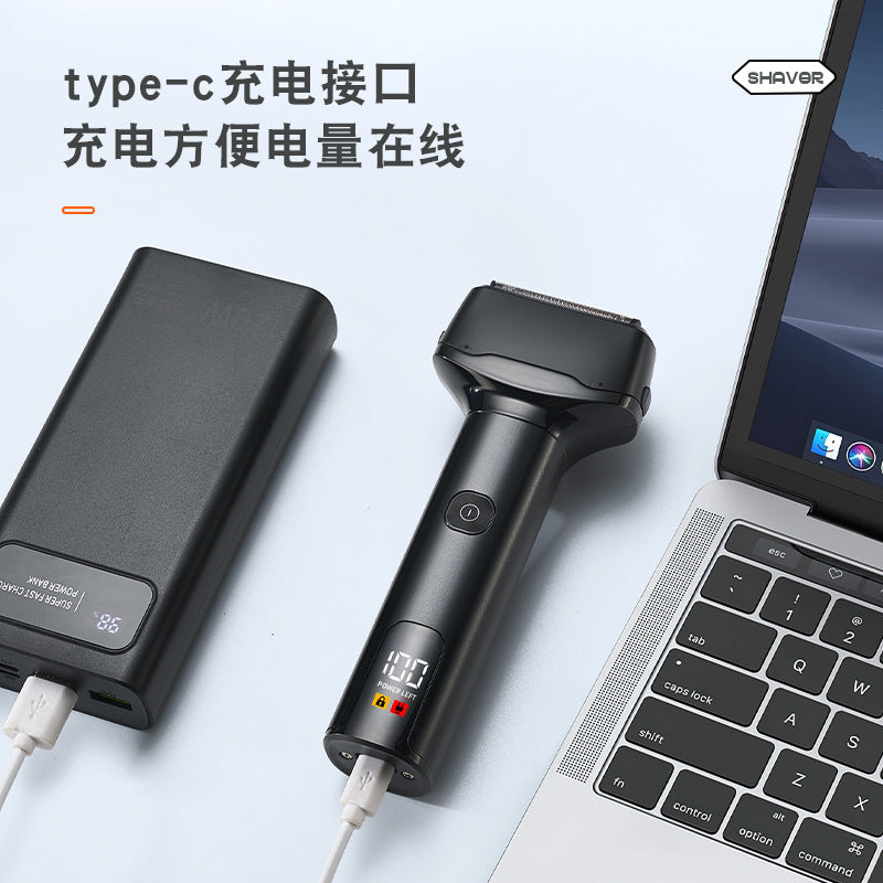 Portable reciprocating shaver with triple blades, full body washable electric razor, mini digital display for sideburns and beard trimming