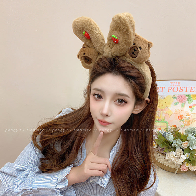 New 3d plush headband for face washing - super cute, sweet, cartoonish, and adorable bear design for women's mask application