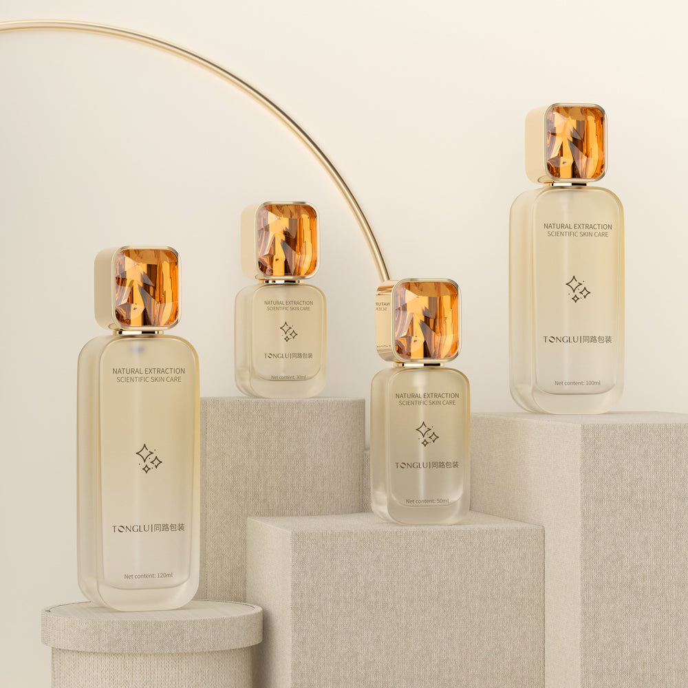 Cosmetic glass bottle set packaging: 120ml press-type lotion & serum glass bottles, 30ml stock solution & essential oil bottles