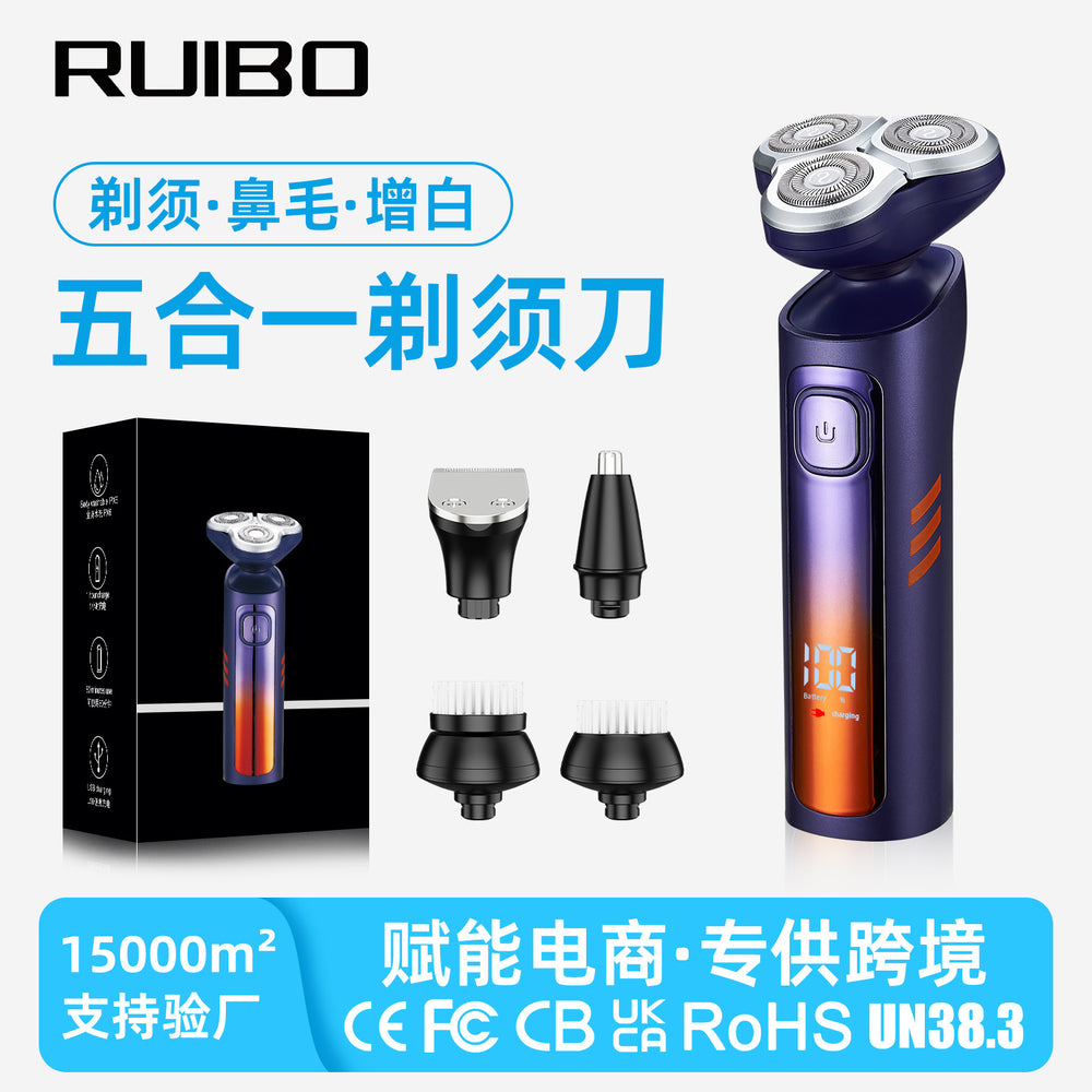 5-in-1 rotary shaver with 3-blade heads, men's electric shaver, full body washable, usb rechargeable beard trimmer