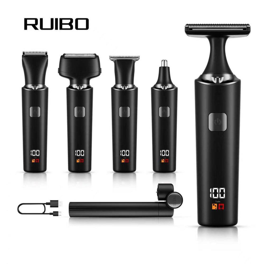 4-in-1 men's grooming kit: back shaver, folding telescopic pole, hair trimmer, razor, and nose hair trimmer