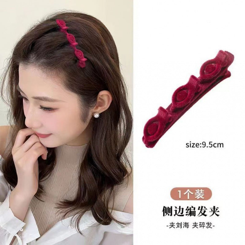 Broken hair storage clip red braided hair clip female princess head flocking fluffy bangs clip side duckbill clip headwear