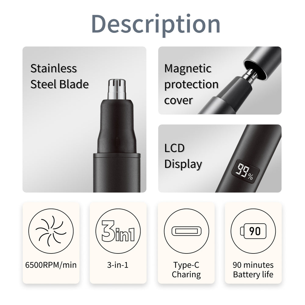 3-in-1 electric nose hair trimmer for men, rechargeable digital display, multi-function portable shaver for eyebrows and sideburns