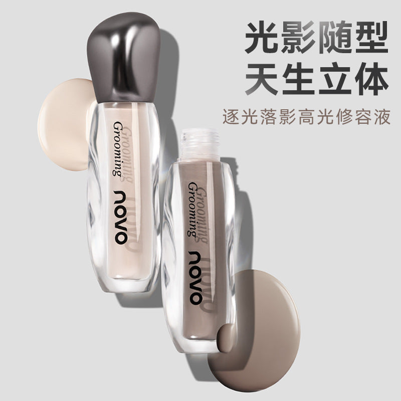 Novo shimmering light highlighting & contouring liquid - brightens face, dark circles, nose shadow, and matte highlight stick