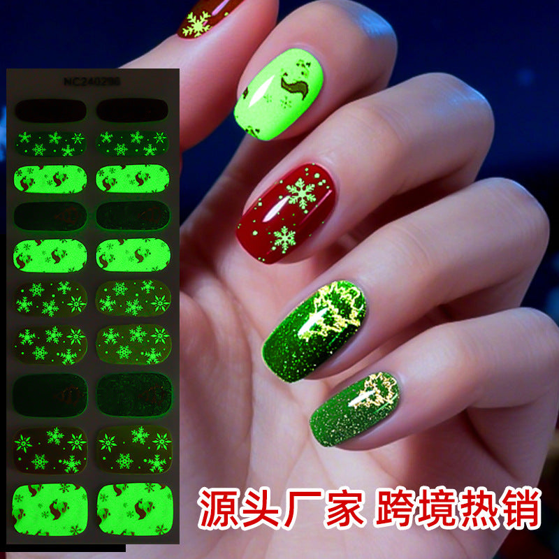 Zhengxiang christmas gel nail art stickers waterproof cartoon fluorescent cross-border fashionuv semi-cured nail stickers luminous