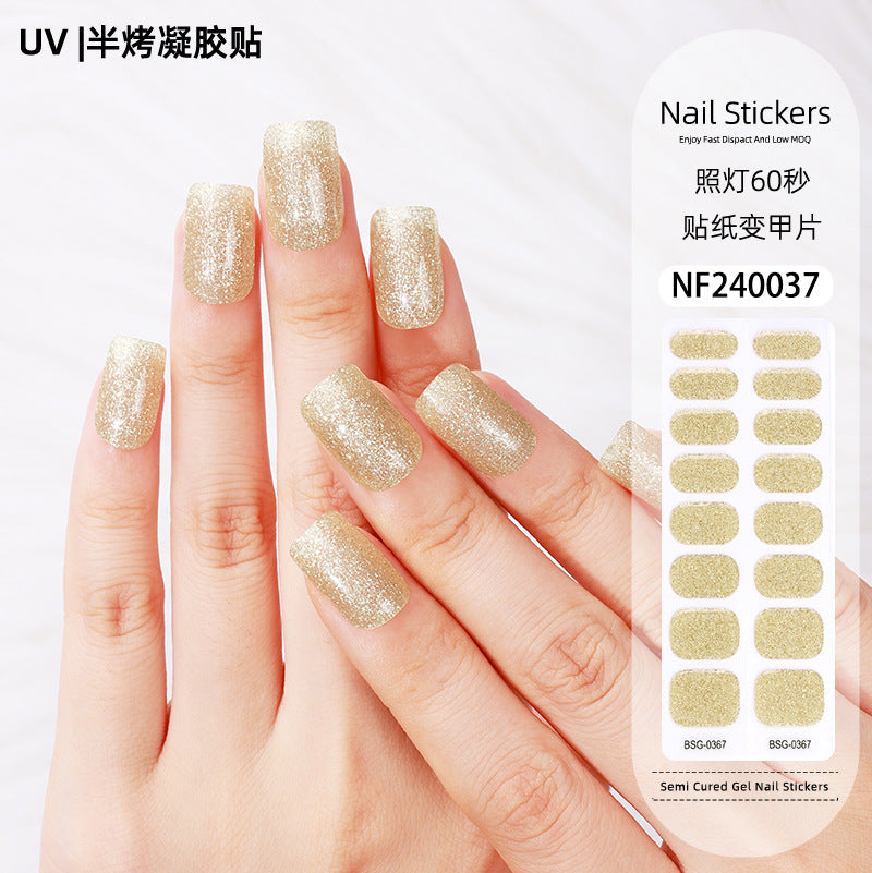 Zhengxiang custom gel nail stickers - solid color glitter, korean style uv light semi-cured nail stickers, waterproof, cross-border wholesale