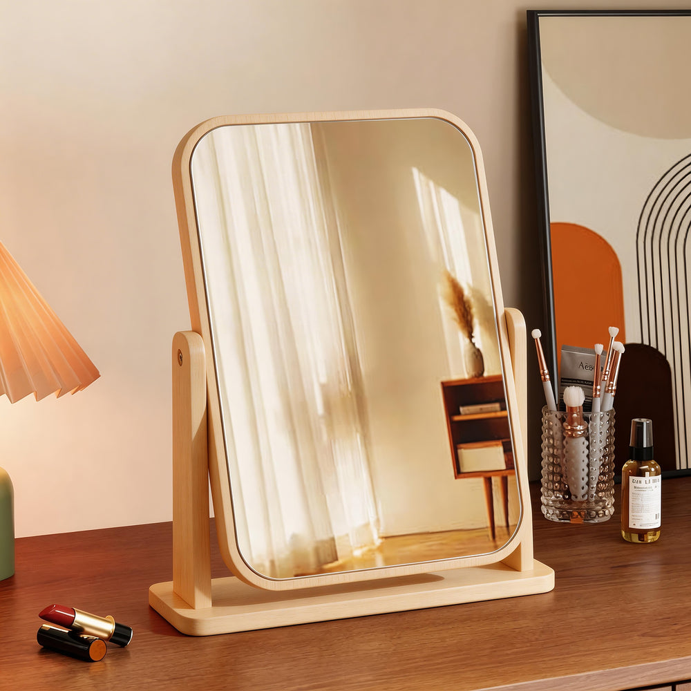 Folding makeup mirror - wooden desktop vanity mirror for home bedroom, rotating double-sided mirror, perfect for student dorms and beauty gurus