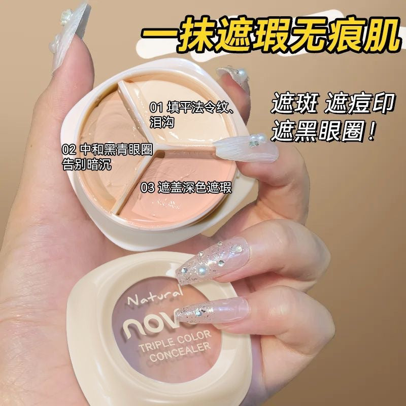Novo three-color concealer covers facial spots, acne marks, dark circles, tear troughs, brightens and repairs without powder sticking