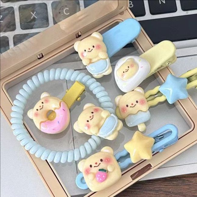 Cute custard bear series hair clip set - sweet & girly bang clips & high-elastic hair ties wholesale