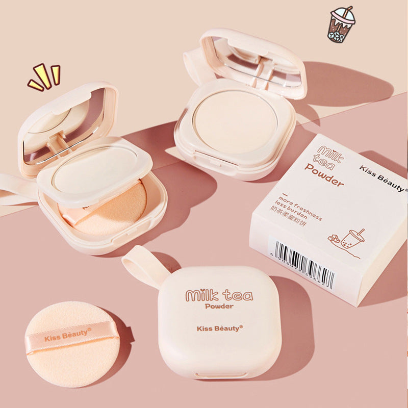 Kiss beauty milk tea soft powder cake, delicate and compliant, invisible pores, concealer, oil control, waterproof, makeup setting powder