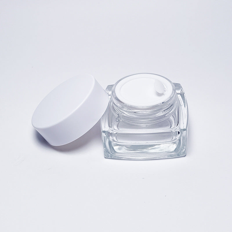 Ready-to-ship cosmetic cream jars, 50g frosted glass bottles with electroplated lids, available in square, round, and transparent wide-mouth styles