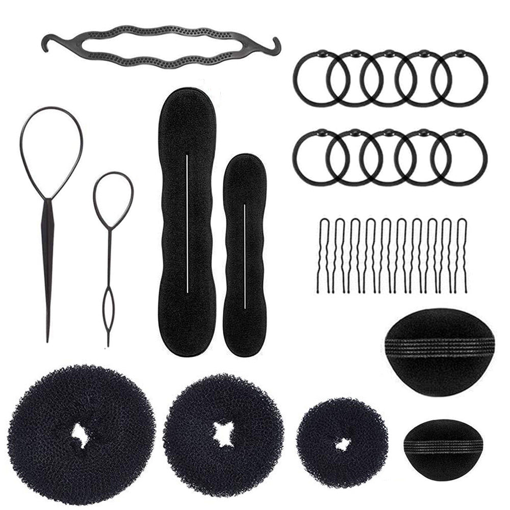 Bun maker hair styling tool set - includes fishbone wave braider, pointed tail comb, and hair volumizing accessories