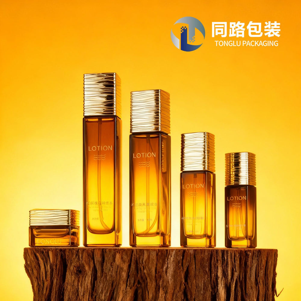 Customizable square water ripple lid glass bottle set packaging for skincare products: includes lotion, essence, cream, and serum glass bottles