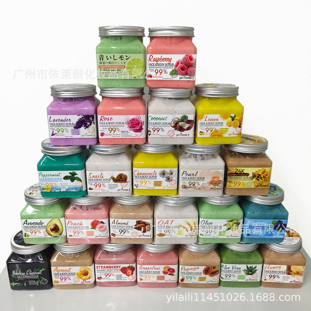 fruit scented bath salt, whole body exfoliating chicken skin square bottle scrub, deep cleansing bath mud rub 500g