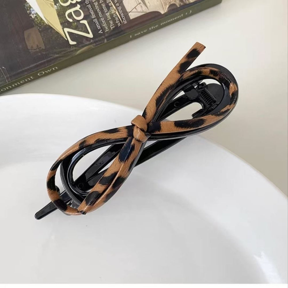 Leather leopard print bows twist clip on the back of the head hair accessories clip classy one-word clip fashion sweet cool hair clip