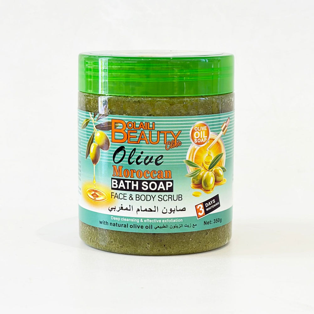 moroccan olive oil bath soap - deep cleansing exfoliating scrub for face and body - 350g