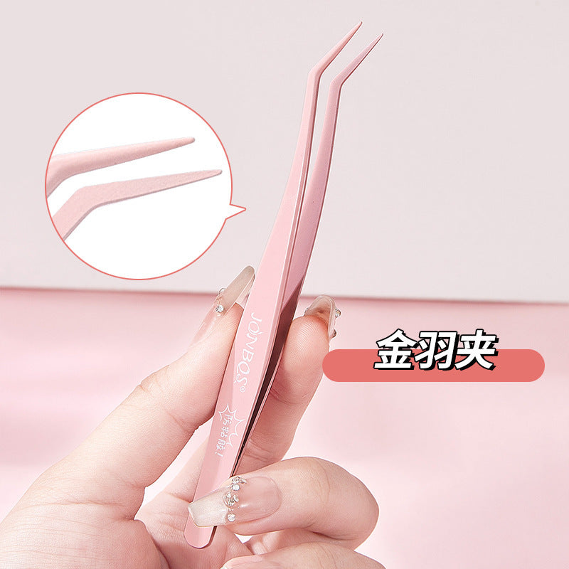 Jonbos anti-stick false eyelash tweezers - eyelash extension applicator, golden feather lash curler, beauty makeup tool
