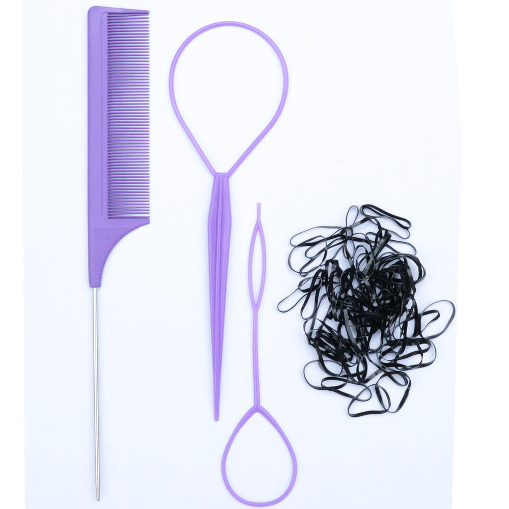 Manufacturer wholesale pointed tail comb hair pulling needle rubber band 4-piece set colorful hairdressing highlighting comb hair cutting comb hair extension steel needle comb