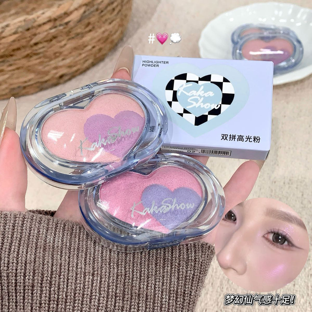 Kakashow heart-shaped duo highlighter palette - 3d illuminating, shimmering, and fine glitter - highlighter & blush in one