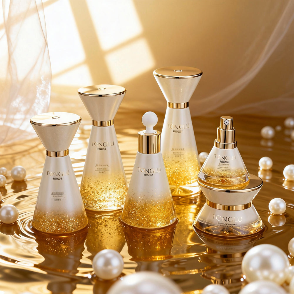New cosmetic glass bottle set packaging: 120ml lotion & essential oil glass bottles, 50g cream & balm sample containers