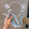 151-06# blue plush headband with blue ribbon and pearl accents