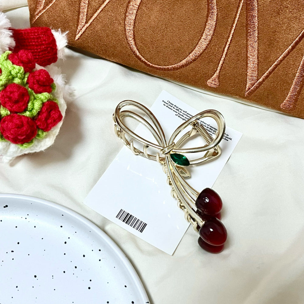 Korean sweet cherry bow hair claw clip - fresh & chic hair styling clip - minimalist & elegant hair accessories for women