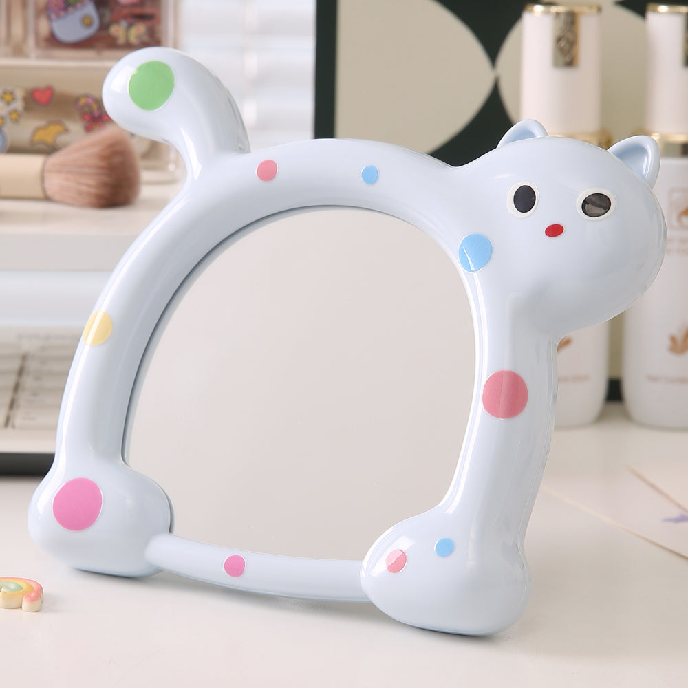 Cute cartoon cat makeup mirror - desktop, foldable, home & dorm room, plastic storage, household glass mirror