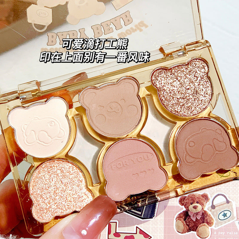 Makeup xixi working bear six-color eyeshadow palette cool diamond pink purple blue contrast color imitation makeup smoky eye makeup