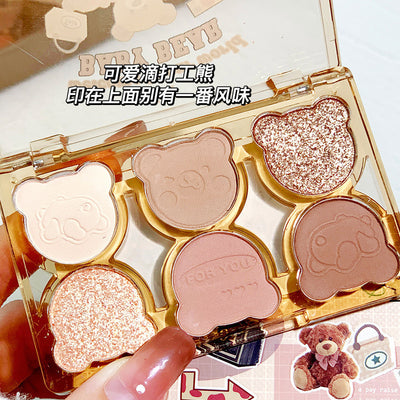 Makeup xixi working bear six-color eyeshadow palette cool diamond pink purple blue contrast color imitation makeup smoky eye makeup
