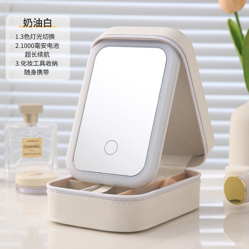 Cosmetic bag with led light, mirror, and desktop makeup organizer - portable, detachable, and partitioned storage for home use