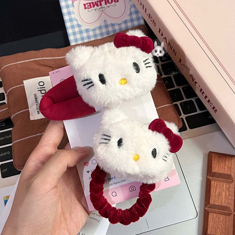 Cute plush kitty hair clip angora red bow hair tie bangs clip cartoon bb clip hair accessories for women