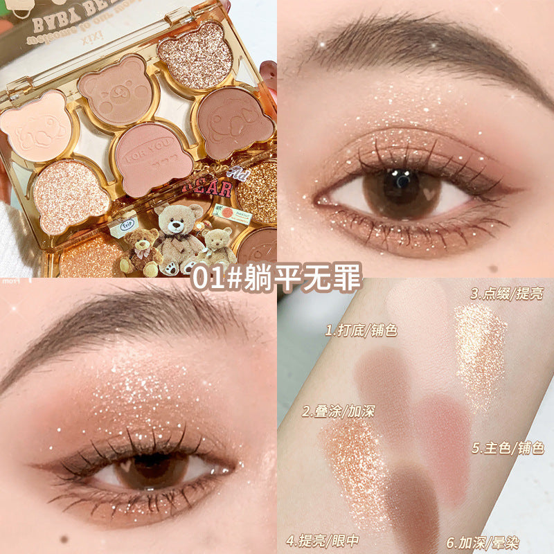 Makeup xixi working bear six-color eyeshadow palette cool diamond pink purple blue contrast color imitation makeup smoky eye makeup